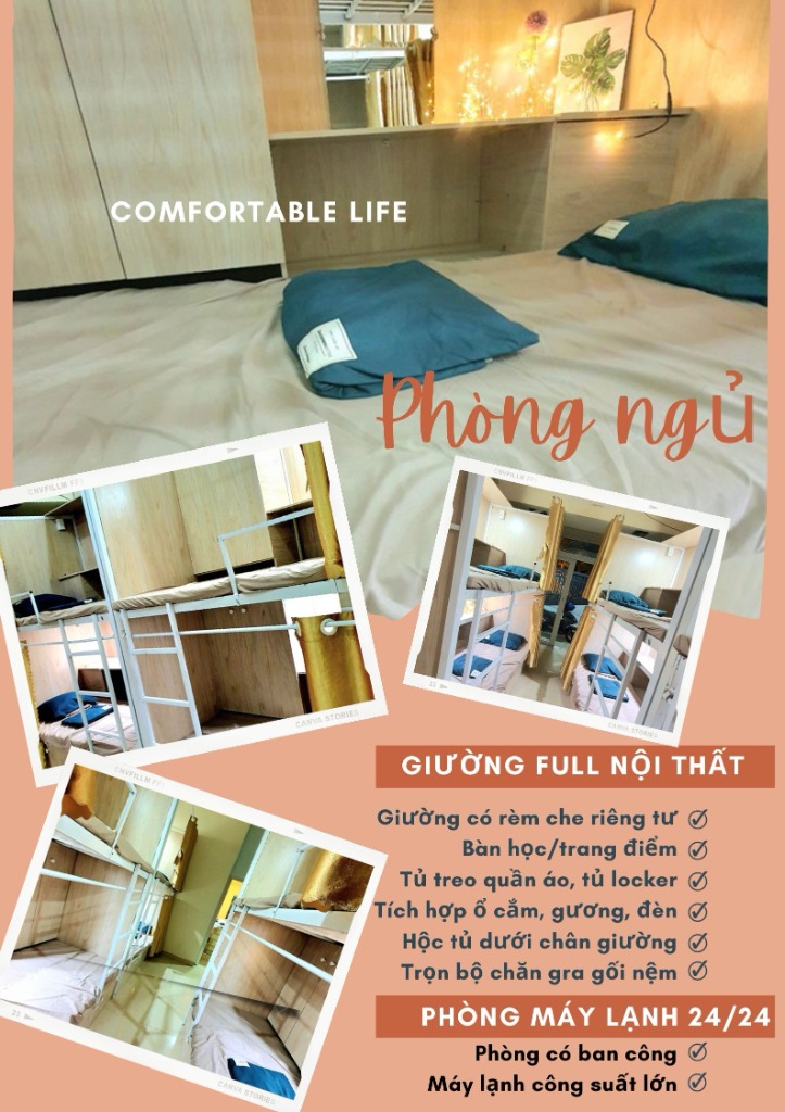 Giường full nội thất, phòng máy lạnh 24/24